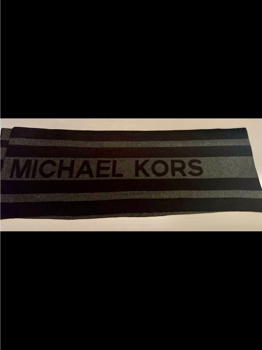 Men’s Michael Kors Black and Gray Striped Logo Scarf